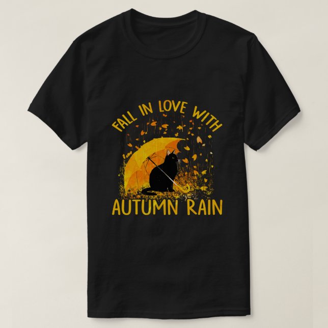 Camiseta Gato Negro Apaixonado Pela Chuva De Outono (Frente do Design)