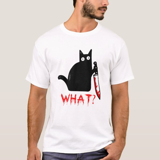 Camiseta Gato Negro Assassino Engraçado O Que? Segurando Fa (Frente)