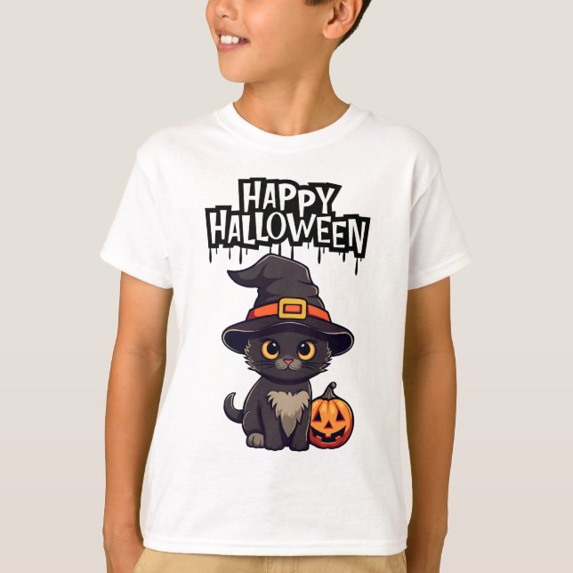 Camiseta Gato Negro Assustador Bonito Com Pumpkin Jack O La (Frente)