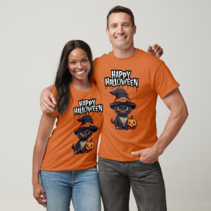 Camiseta Gato Negro Assustador Bonito Com Pumpkin Jack O La