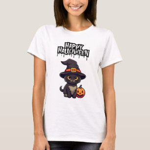 Camiseta Gato Negro Assustador Bonito Com Pumpkin Jack O La
