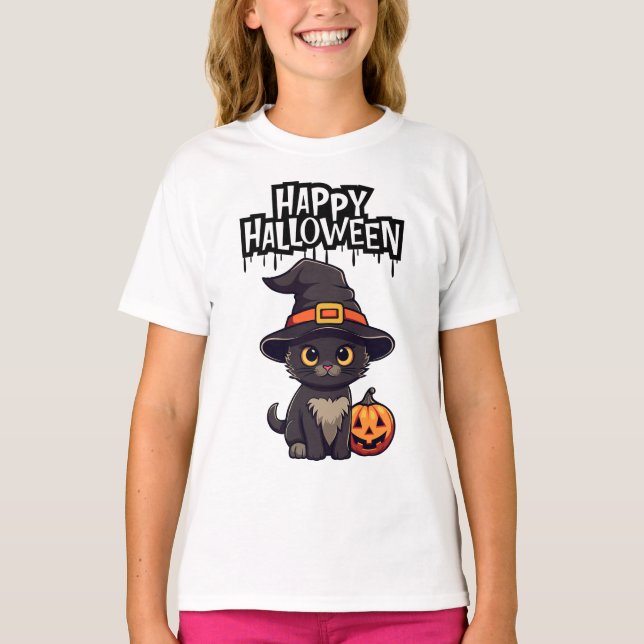 Camiseta Gato Negro Assustador Bonito Com Pumpkin Jack O La (Frente)