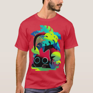 Camiseta Gato negro atrás das folhas Caça-Stalker gatos e p