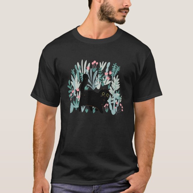 Camiseta Gato Negro Bonito Andando Em Kit Bonito De Flor De (Frente)