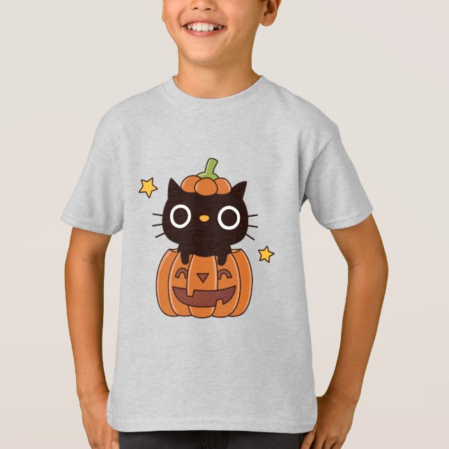 Camiseta Gato Negro Bonito De Abóbora Fazendo Feliz Hallowe (Frente)