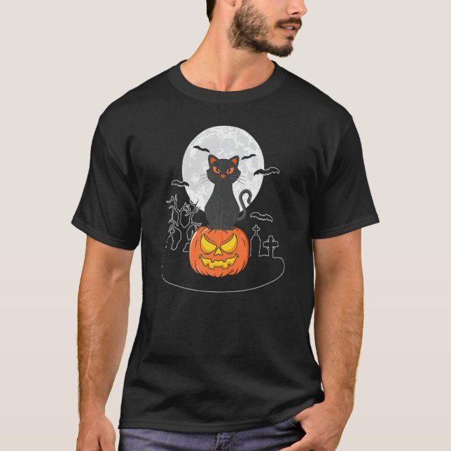 Camiseta Gato Negro Bonito De Halloween Em Bompkin De Lua C (Frente)