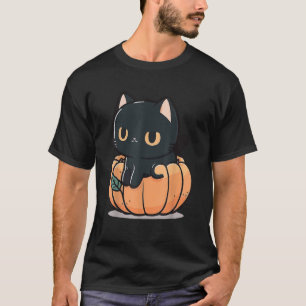 Camiseta Gato Negro Bonito do Halloween em Crianças Abóbora