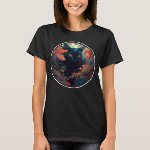 Camiseta Gato Negro Bonito Escondendo-se em Flores de prima