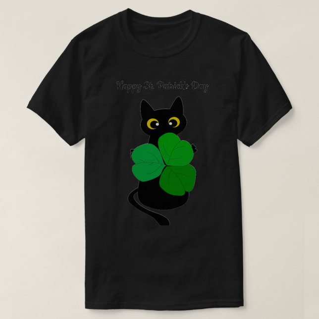 Camiseta Gato Negro Bonito Leprechaun Hat Engraçado Rua Irl (Frente do Design)