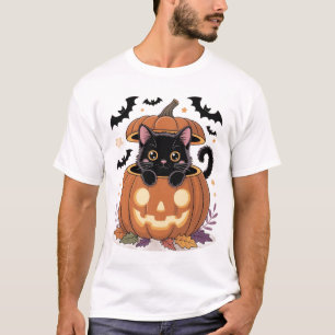 Camiseta Gato Negro Bonito na Ilustração do Halloween de Ab