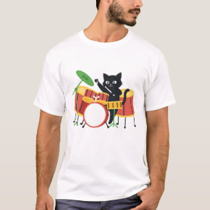 Camiseta Gato Negro Bonito Tocando Tambores Engraçado Músic