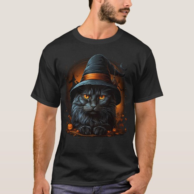 Camiseta Gato Negro com Chapéu de Bruxa (Frente)