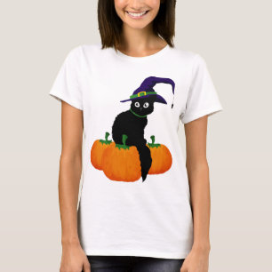 Camiseta Gato Negro com chapéu e abóboras para o Dia das 