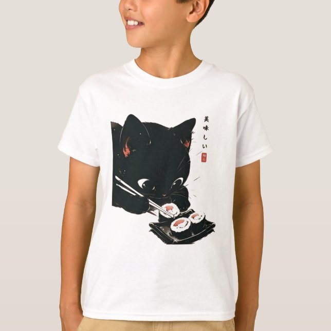 Camiseta Gato Negro Comendo Sushi - Gato Japonês (Frente)