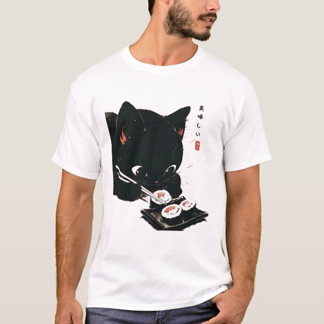 Camiseta Gato Negro Comendo Sushi - Gato Japonês (Frente)