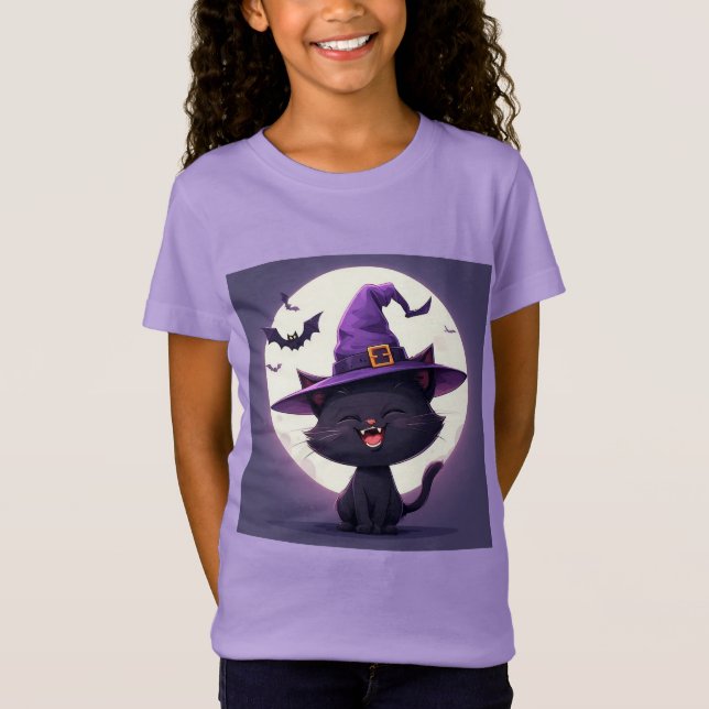 Camiseta Gato Negro de Halloween Vestido como Chapéu de Bru (Frente)