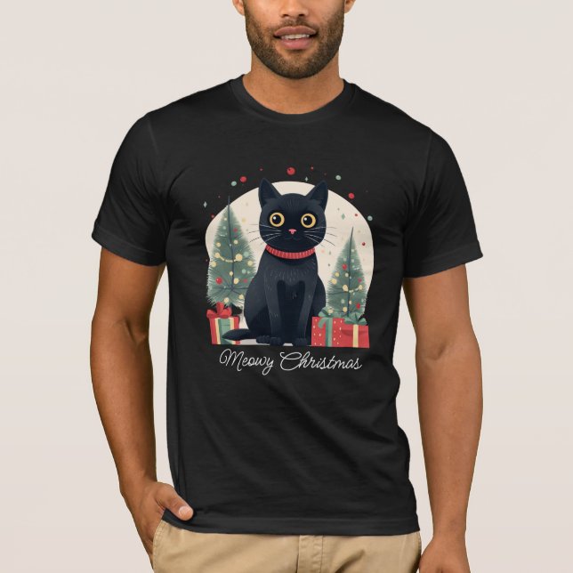 Camiseta Gato Negro De Natal Bonito E Engraçado (Frente)