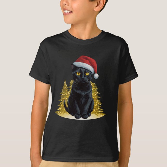 Camiseta Gato Negro de Natal bonito em Luzes de Led Santa H (Frente)