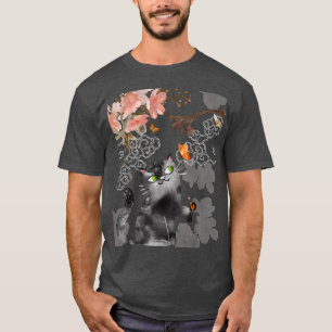 Camiseta Gato Negro e Borboletas Sob o Sakur do Flor de Cer