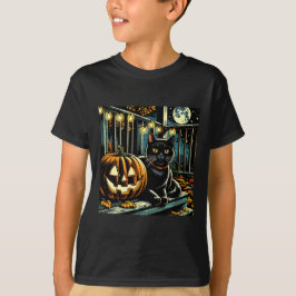 Camiseta Gato Negro e Jack-O-Lanterna Halloween