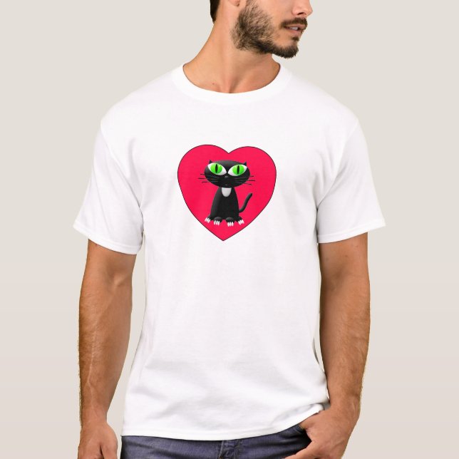 Camiseta Gato Negro Em Coração Vermelho (Frente)
