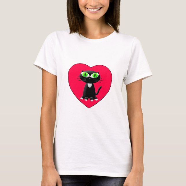 Camiseta Gato Negro Em Coração Vermelho (Frente)