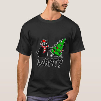 Camiseta Gato Negro Empurrando Árvore de Natal Que Luzes De