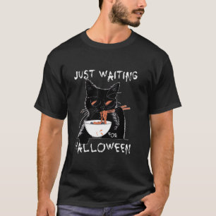 Camiseta Gato Negro Engraçado Esperando por Homens de Hallo