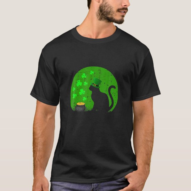 Camiseta Gato Negro Engraçado Leprechaun Hat Shamrock Rua P (Frente)