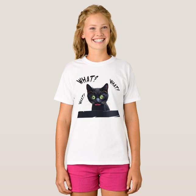 Camiseta Gato negro engraçado O QUÊ? (Frente Completa)