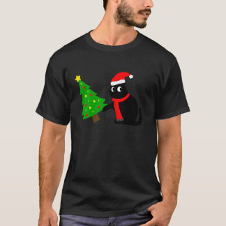 Camiseta Gato Negro Engraçado Puxando Árvore De Natal Sobre