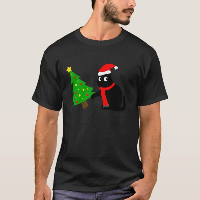 Camiseta Gato Negro Engraçado Puxando Árvore De Natal Sobre (Frente)