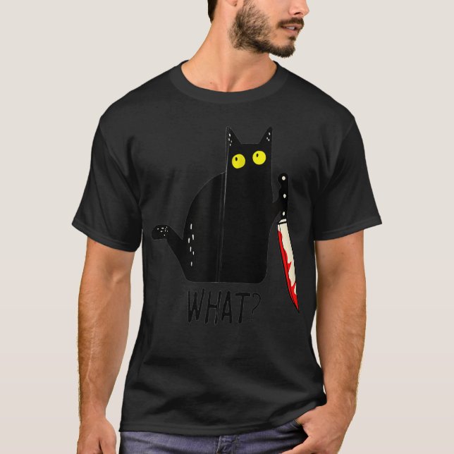 Camiseta Gato Negro Engraçado Que Segurando Faca Maldita Ho (Frente)