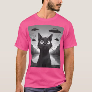 Camiseta Gato Negro Engraçado Selfie Com Aliens Ufos Gato E