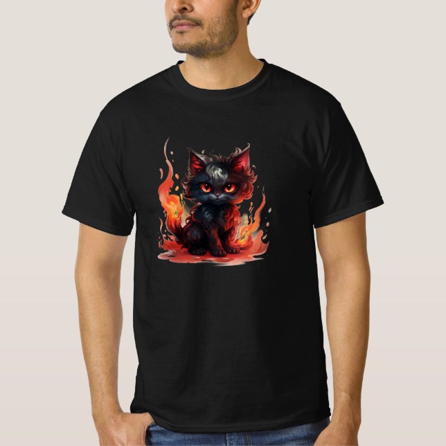 Camiseta Gato Negro Escuro em Fogo: Gato Pesadelo T (Frente)