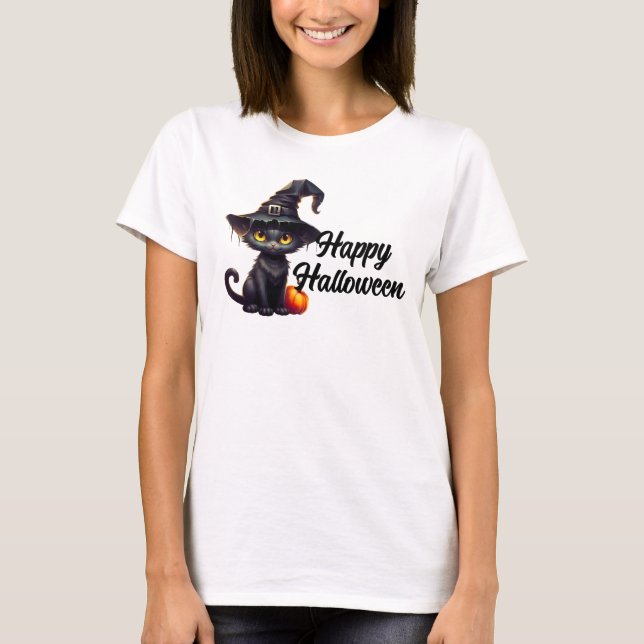 Camiseta Gato Negro Feliz Halloween (Frente)