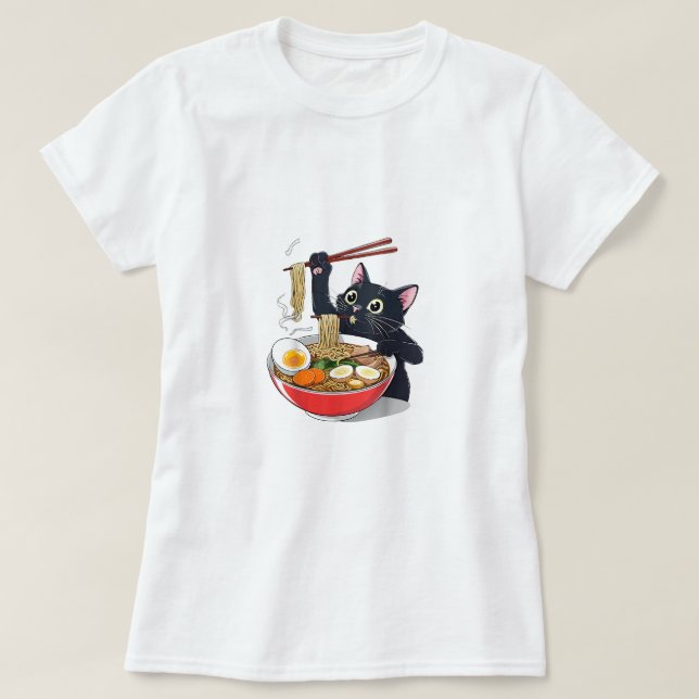 Camiseta "Gato Negro Fome com Ramen" (Frente do Design)