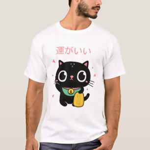 Camiseta Gato Negro Gato Gato Gato e Sorte Maneki Neko