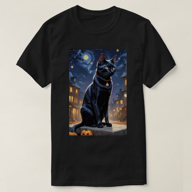 Camiseta Gato Negro Halloween Gata Passa Noite Cat Van Gogh (Frente do Design)