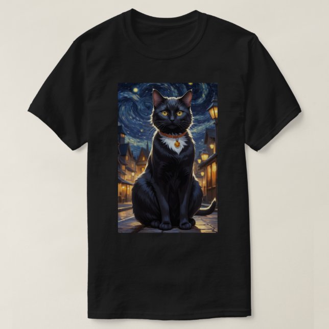 Camiseta Gato Negro Halloween Gata Passa Noite Cat Van Gogh (Frente do Design)