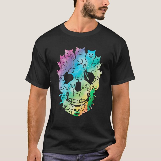 Camiseta Gato Negro Halloween Skull Skeleton Negro Estranho (Frente)