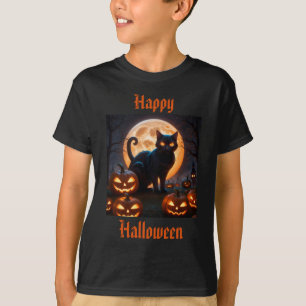 Camiseta Gato Negro Halloween Sob A Lua De Colheita