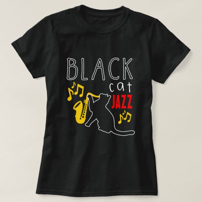 Camiseta Gato Negro Jazz Kitten Saxofone Musicista Pet Gift (Frente do Design)