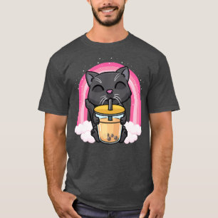 Camiseta Gato Negro Kawaii Bebendo Bolha Chá Leite Boba Hom