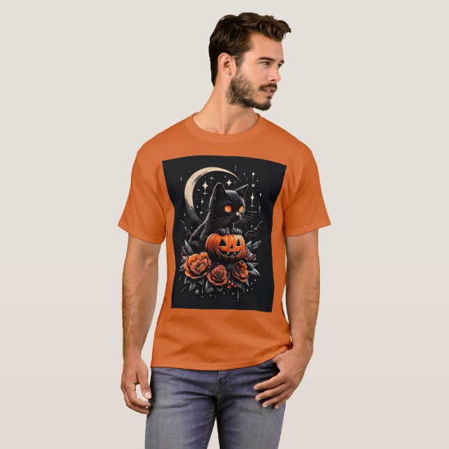 Camiseta Gato Negro, Lua e Abóbora do Halloween (Frente Completa)