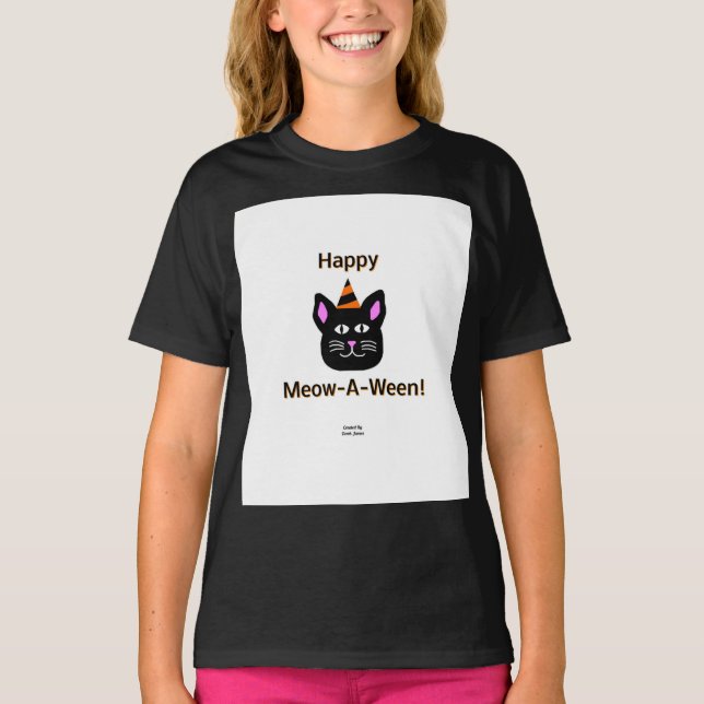 Camiseta Gato Negro Meow-A-Ween Meninas Black Basic T Shirt (Frente)