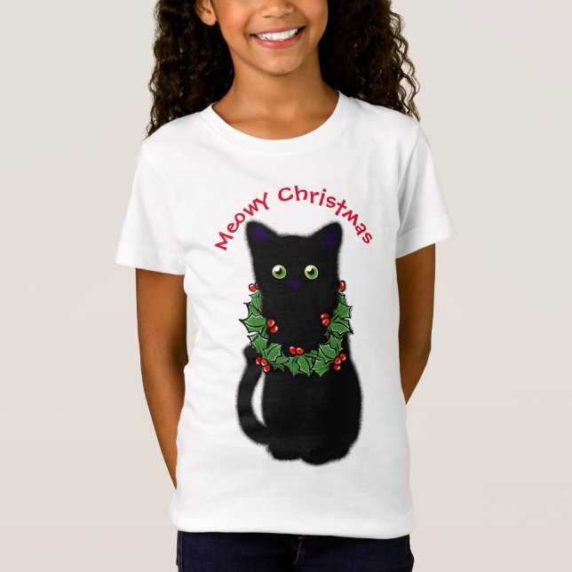 Camiseta Gato negro | Meowy Christmas | Holly garland (Frente)