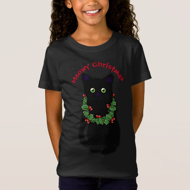 Camiseta Gato negro | Meowy Christmas | Holly garland (Frente)