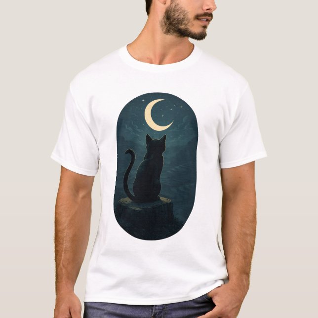 Camiseta Gato Negro Místico Sob a Lua Crescente (Frente)