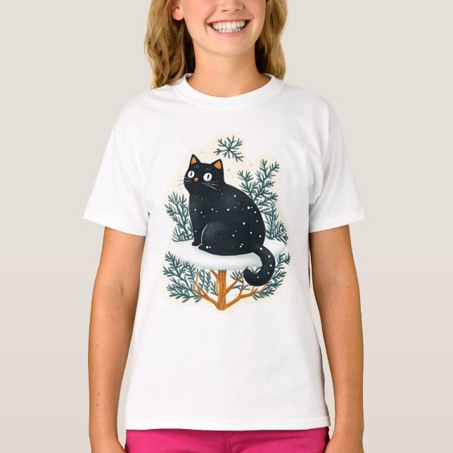 Camiseta Gato negro na árvore de Natal (Frente)